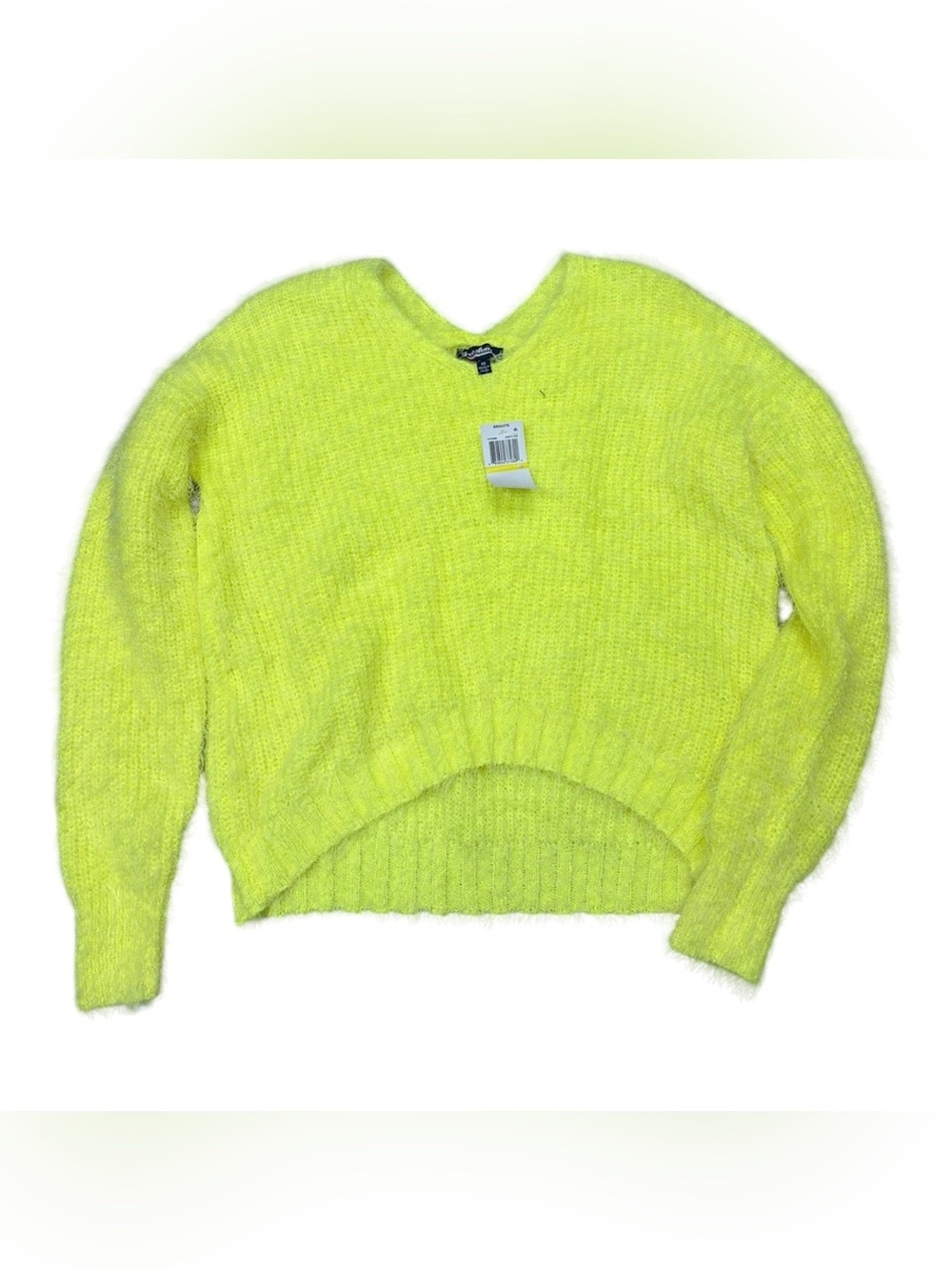Freshman Neon Yellow V‑Neck Fuzzy Knit Sweater